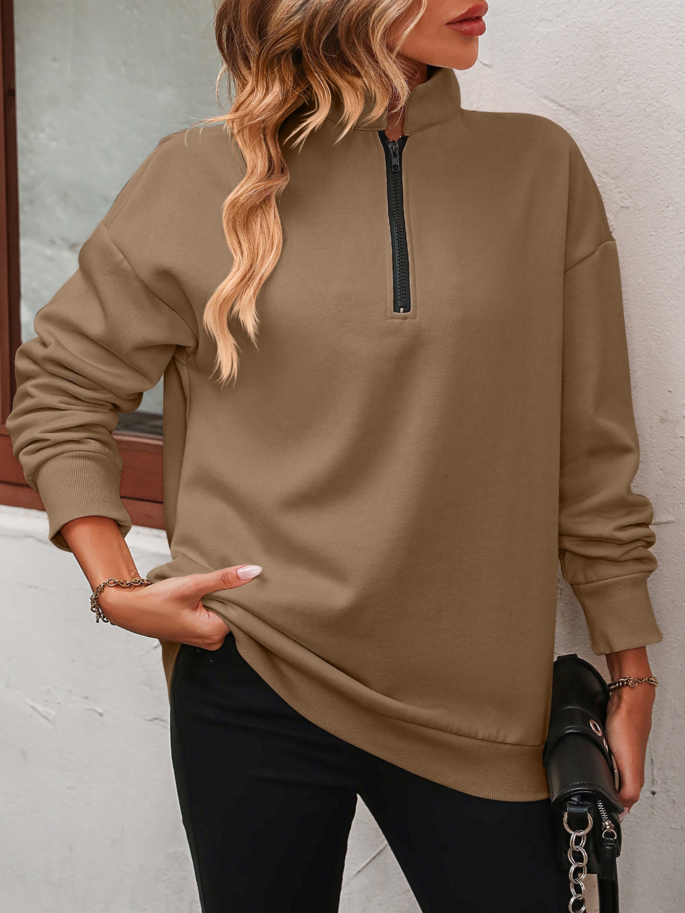 Get trendy with Zip-Up Dropped Shoulder Sweatshirt - Tops available at Styles Code. Grab yours today!