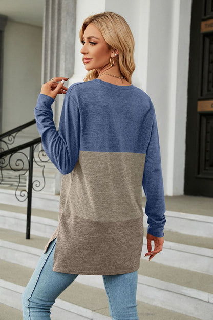 Get trendy with Color Block Round Neck Long Sleeve Slit T-Shirt - Tops available at Styles Code. Grab yours today!