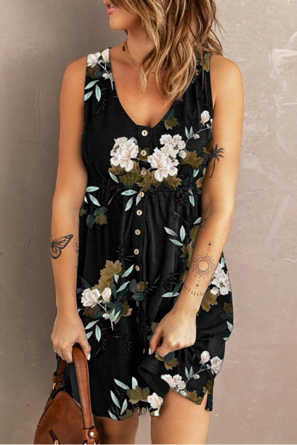 Get trendy with Double Take Printed Scoop Neck Sleeveless Buttoned Magic Dress with Pockets - Dress available at Styles Code. Grab yours today!