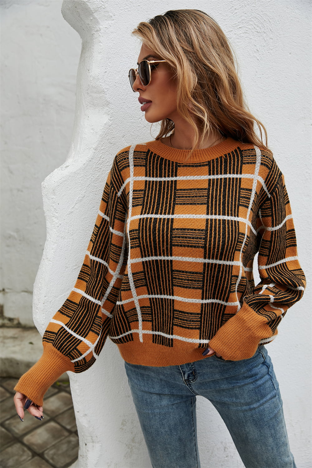 Get trendy with Printed Round Neck Dropped Shoulder Sweater - Sweater available at Styles Code. Grab yours today!