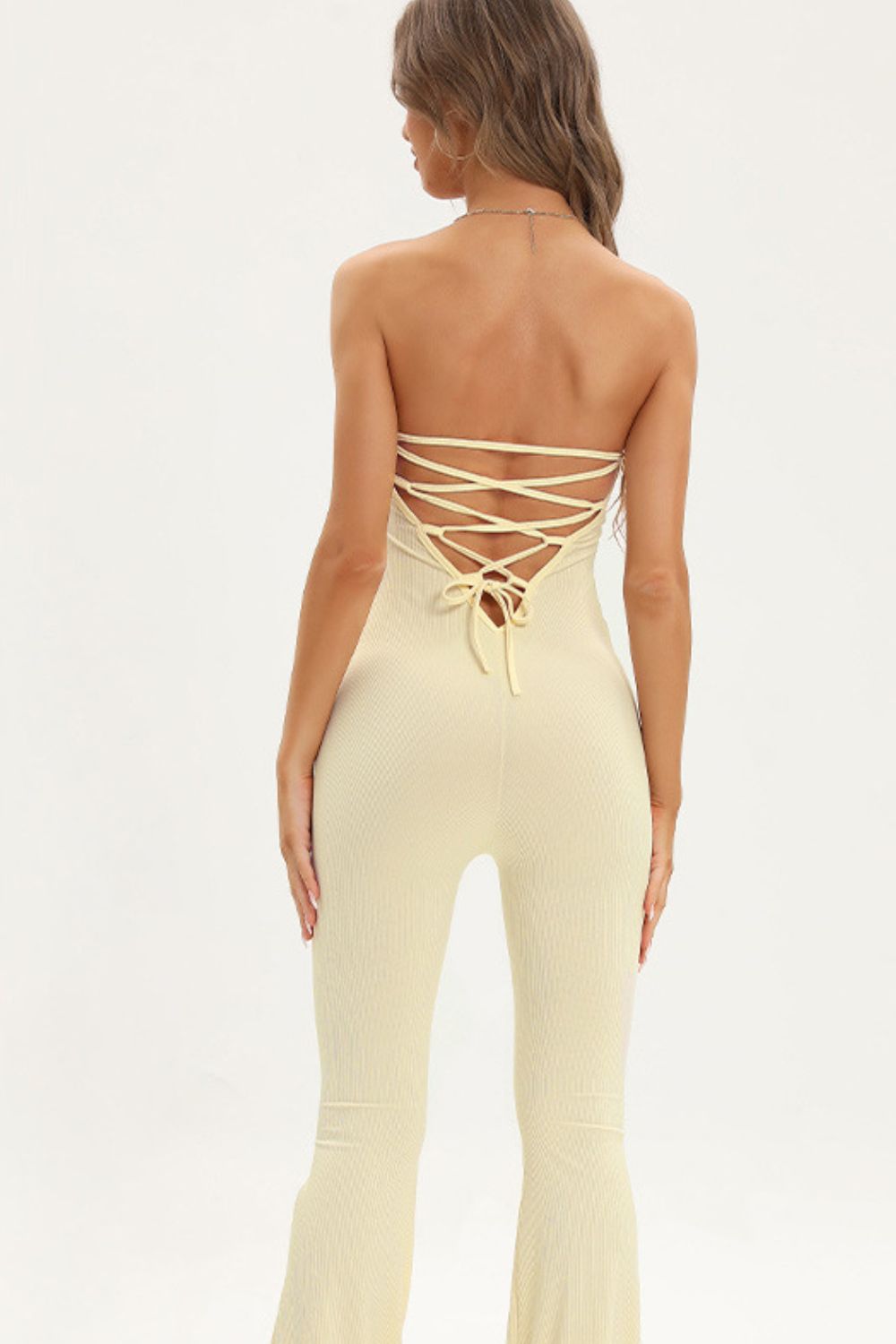 Get trendy with Lace-Up Strapless Jumpsuit - Jumpsuits available at Styles Code. Grab yours today!