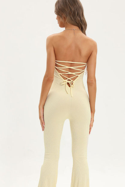 Get trendy with Lace-Up Strapless Jumpsuit - Jumpsuits available at Styles Code. Grab yours today!