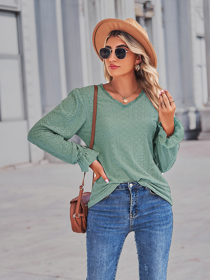 Get trendy with Eyelet V-Neck Flounce Sleeve Blouse - Tops available at Styles Code. Grab yours today!