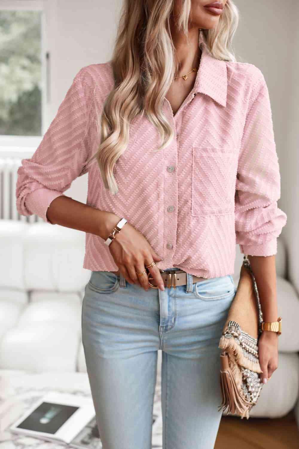 Get trendy with Collared Neck Long Sleeve Pocketed Shirt - Shirt available at Styles Code. Grab yours today!