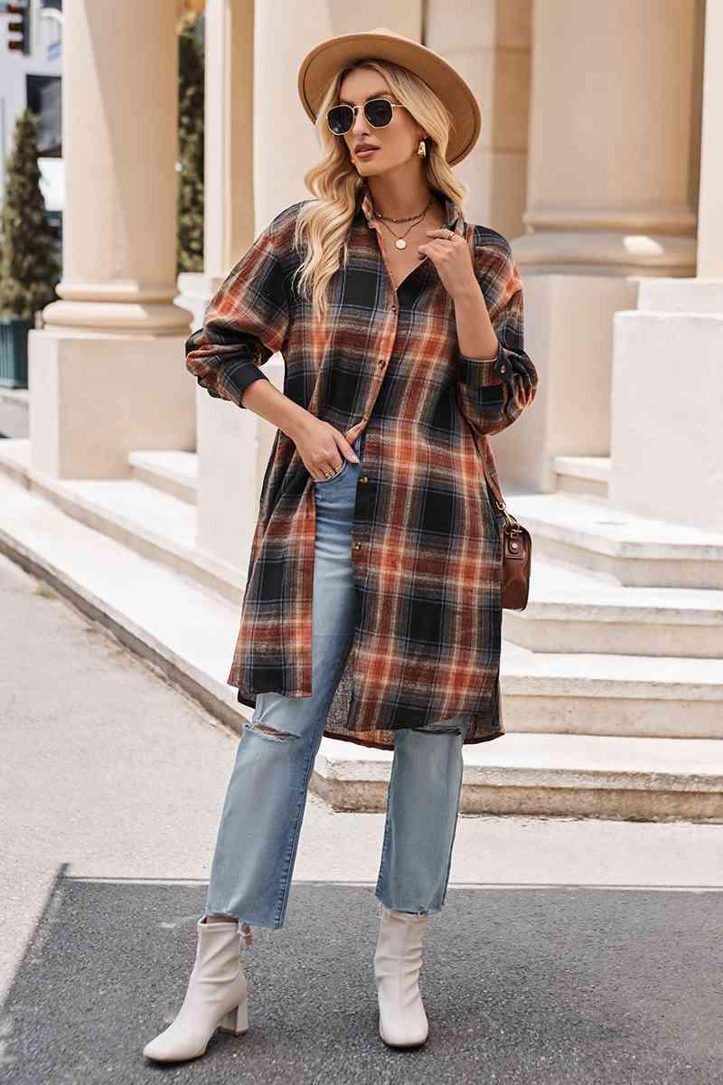 Get trendy with Plaid Collared Neck Long Sleeve Coat - Shirt available at Styles Code. Grab yours today!