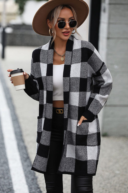 Get trendy with Plaid Dropped Shoulder Cardigan with Pocket - Tops available at Styles Code. Grab yours today!