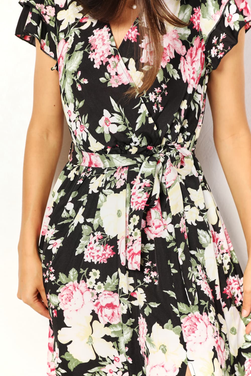 Get trendy with Double Take Floral Flutter Sleeve Tie-Waist Split Dress - Dress available at Styles Code. Grab yours today!