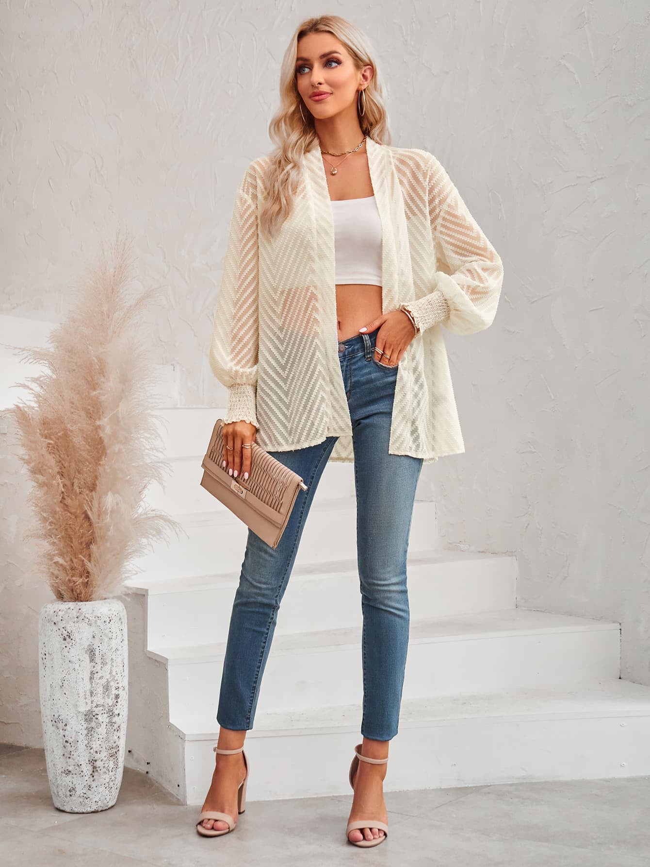 Get trendy with Lantern Sleeve Open Front Sheer Cardigan - Coats available at Styles Code. Grab yours today!