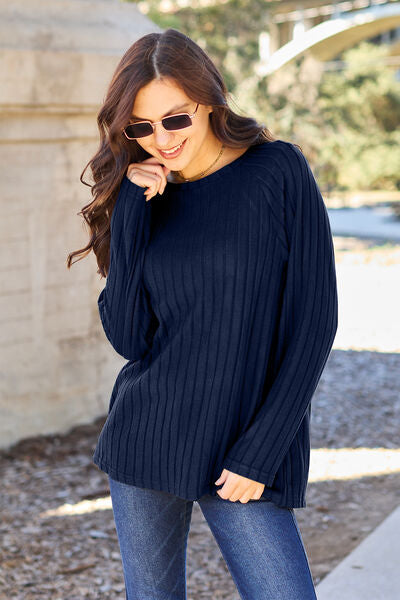 Get trendy with Basic Bae Full Size Ribbed Round Neck Long Sleeve Knit Top -  available at Styles Code. Grab yours today!