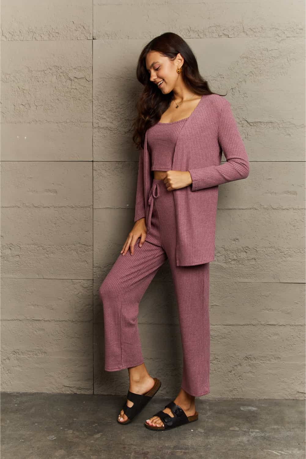 Get trendy with Ninexis Full Size Cropped Top, Long Pants and Cardigan Lounge Set - Two Piece Sets available at Styles Code. Grab yours today!