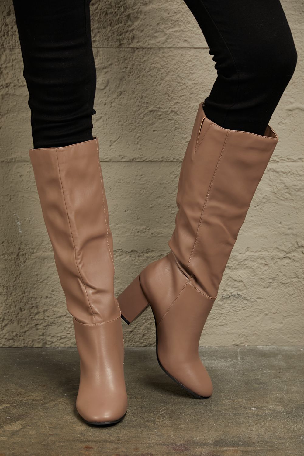 Get trendy with East Lion Corp Block Heel Knee High Boots - Luxe available at Styles Code. Grab yours today!