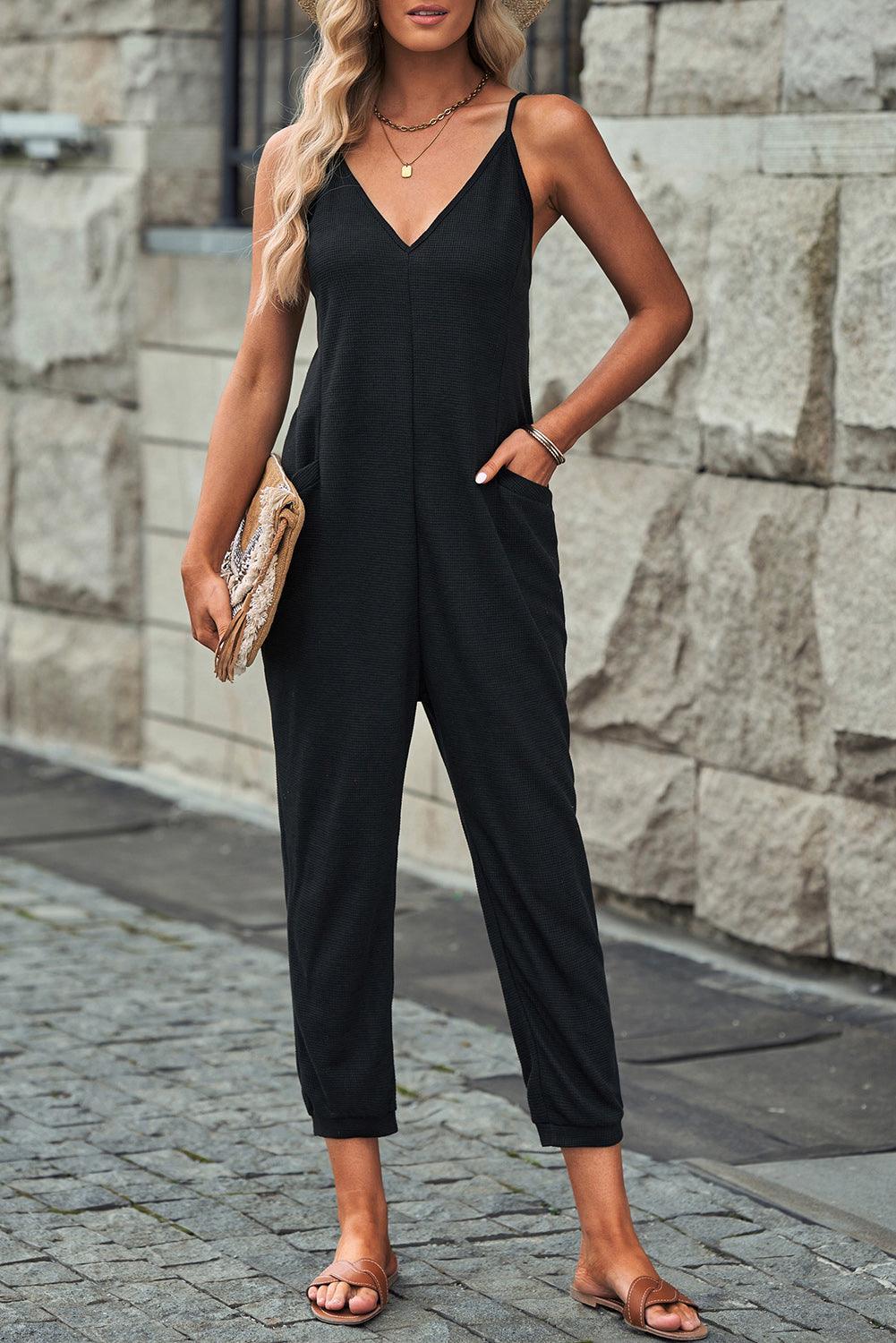 Get trendy with Spaghetti Strap Deep V Jumpsuit with Pockets - Jumpsuits available at Styles Code. Grab yours today!