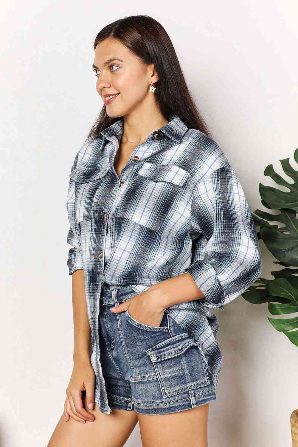 Get trendy with Double Take Plaid Dropped Shoulder Shirt - Shirt available at Styles Code. Grab yours today!