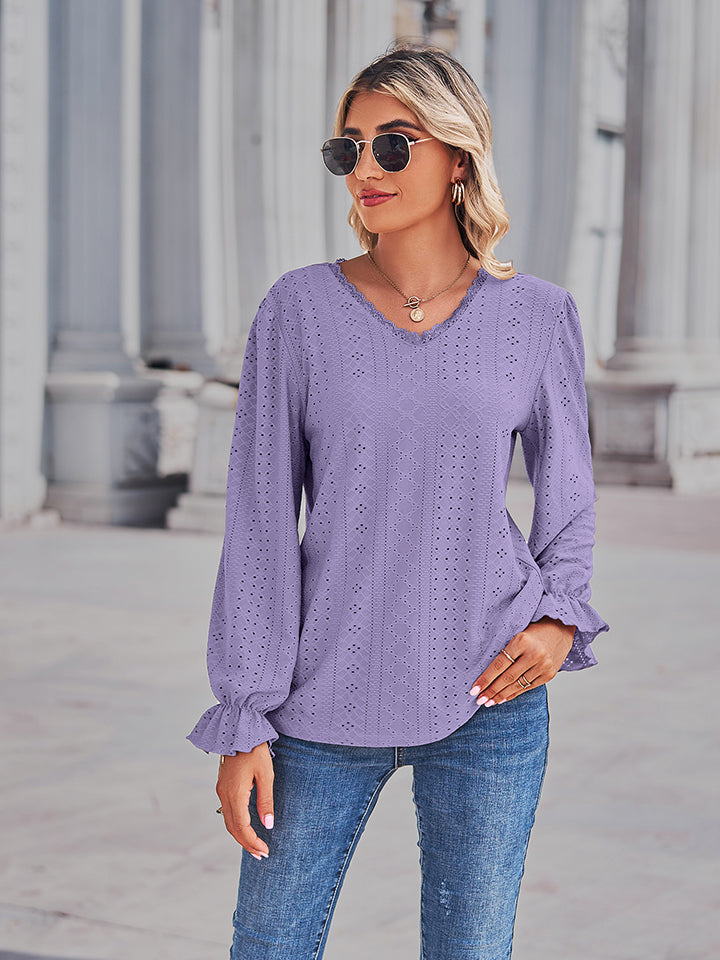 Get trendy with Eyelet V-Neck Flounce Sleeve Blouse - Tops available at Styles Code. Grab yours today!