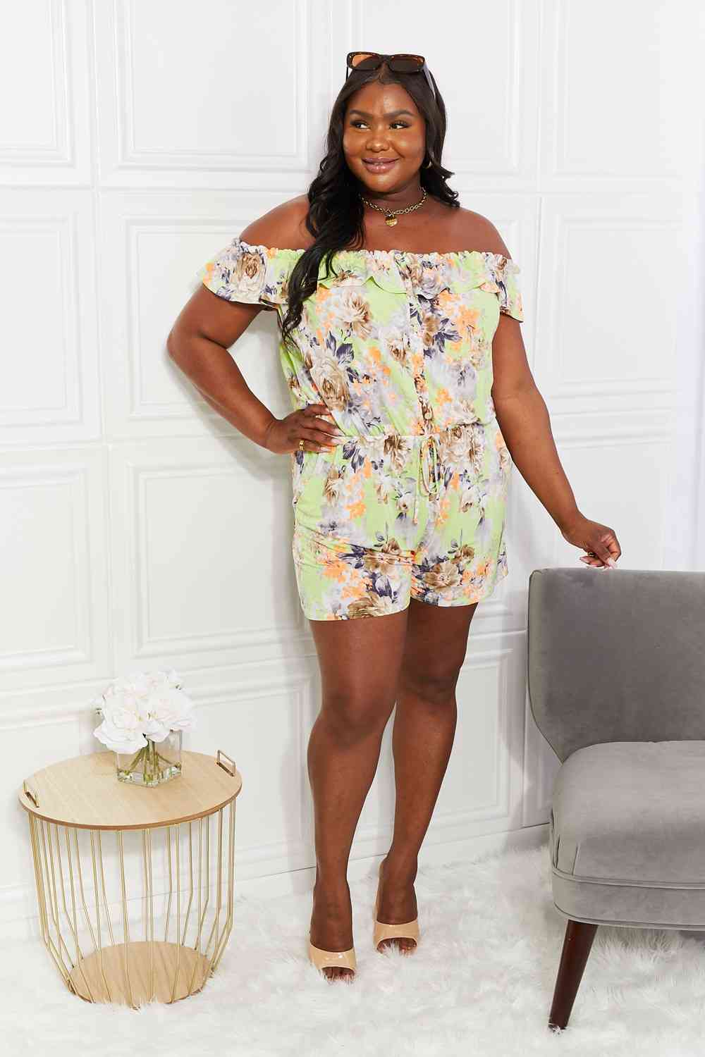 Get trendy with Full Size Floral Off-Shoulder Romper - Romper available at Styles Code. Grab yours today!