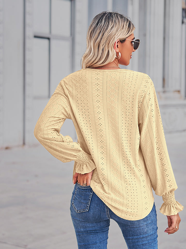 Get trendy with V-Neck Eyelet Flounce Sleeve Blouse - Tops available at Styles Code. Grab yours today!