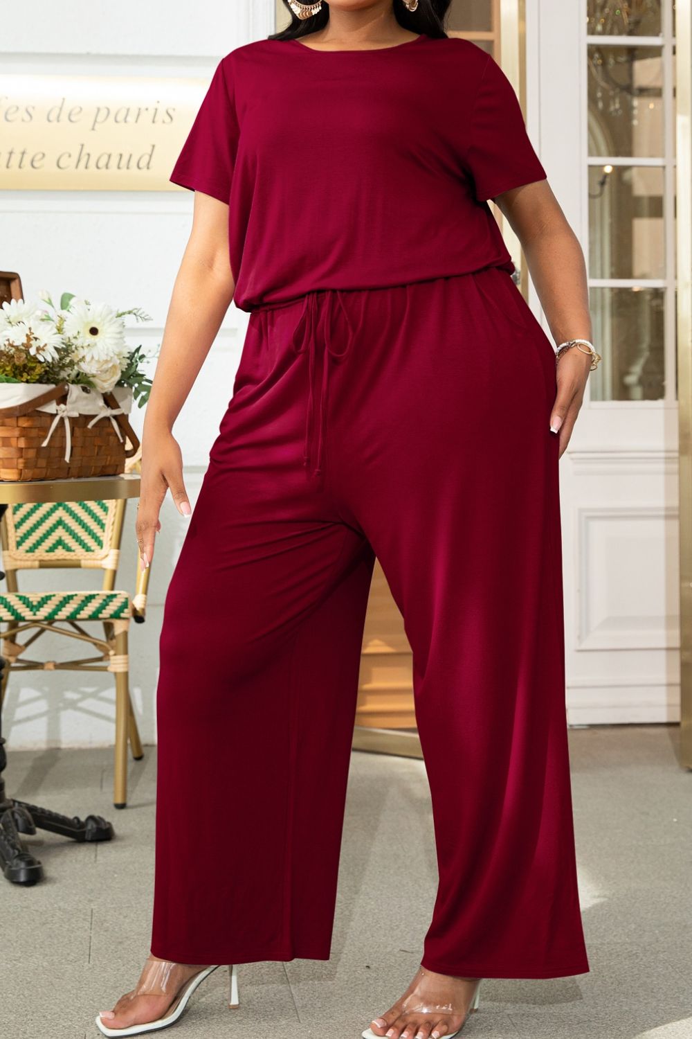 Get trendy with Plus Size Drawstring Waist Short Sleeve Jumpsuit - Plus size available at Styles Code. Grab yours today!