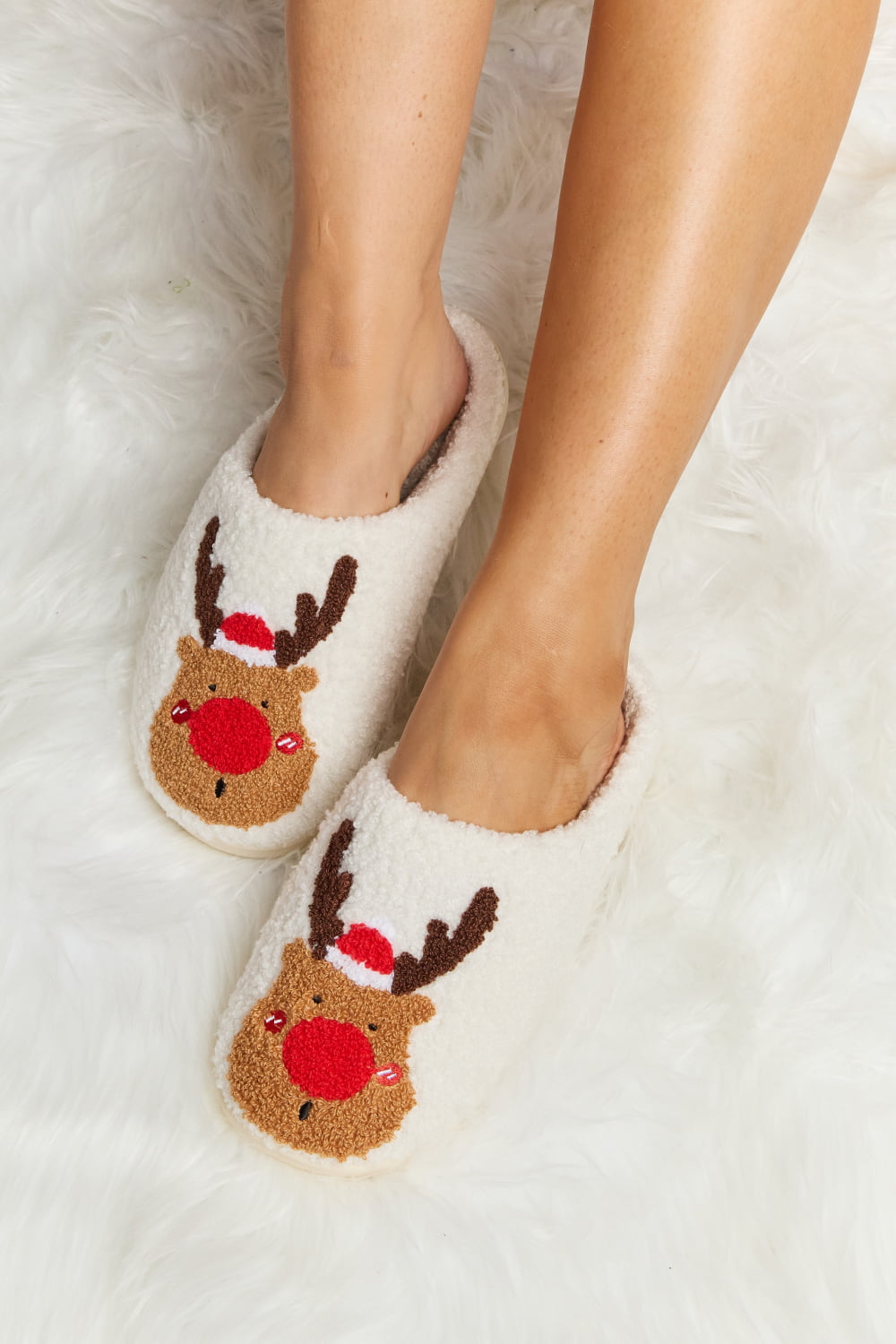 Get trendy with Melody Rudolph Print Plush Slide Slippers - Shoes available at Styles Code. Grab yours today!