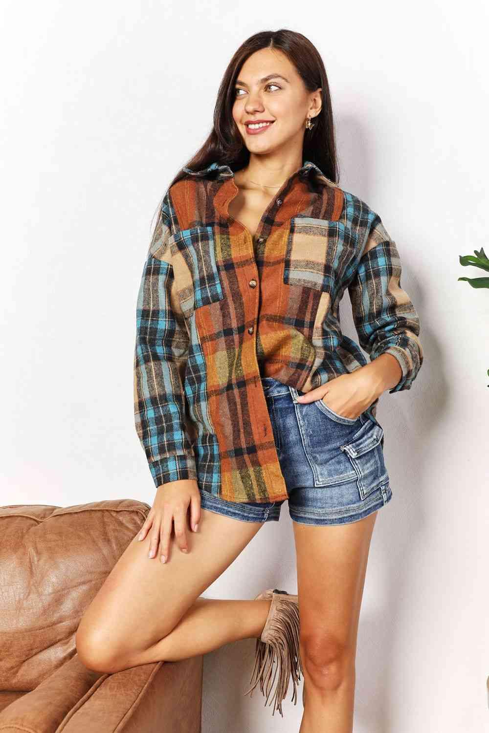 Get trendy with Plaid Curved Hem Shirt Jacket - Shirt available at Styles Code. Grab yours today!