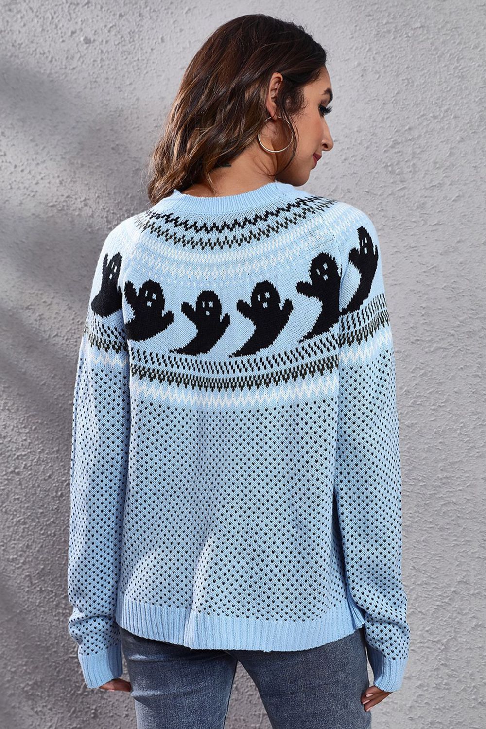 Get trendy with Ghost Pattern Round Neck Long Sleeve Sweater - Halloween Clothes available at Styles Code. Grab yours today!