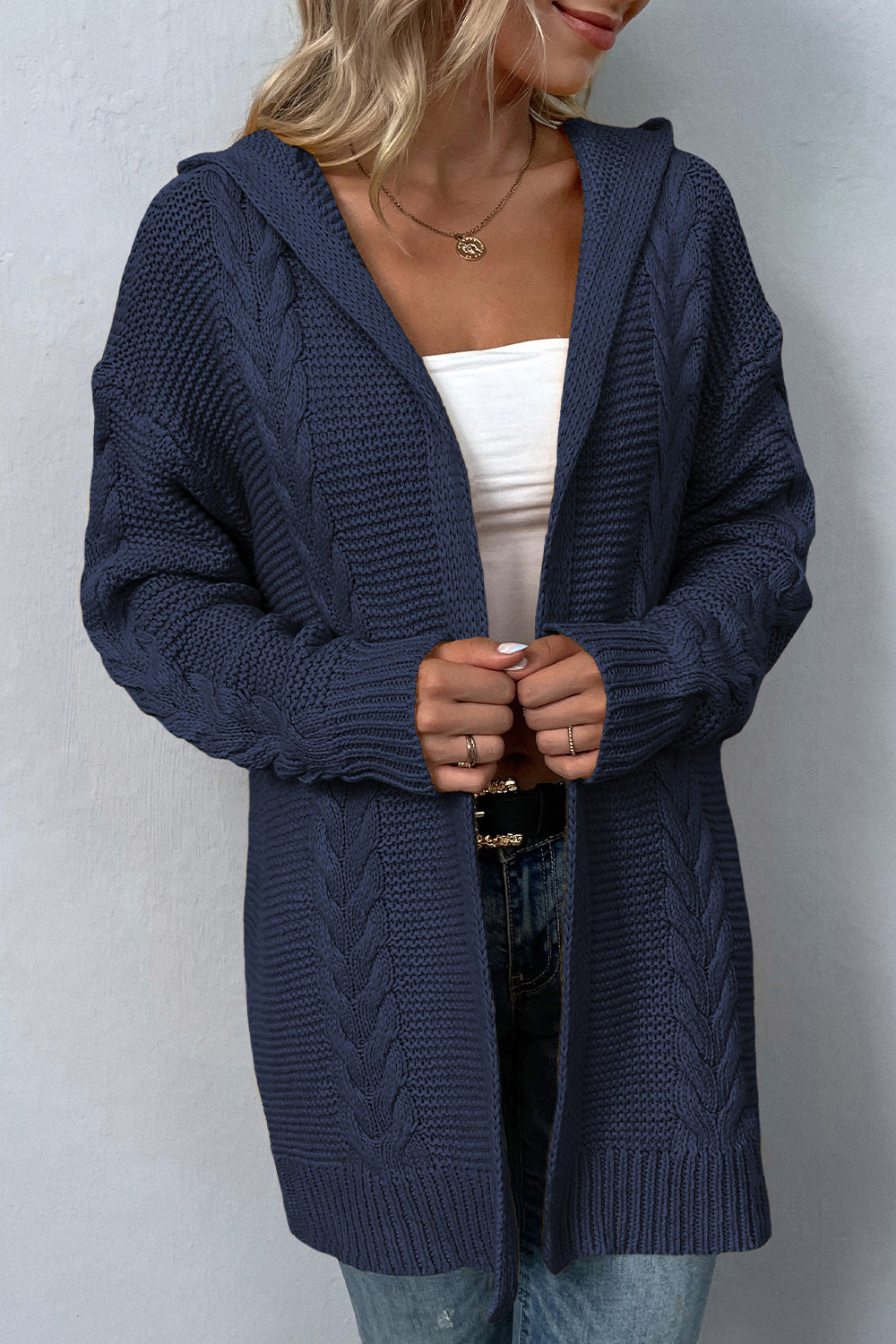 Cable-Knit Dropped Shoulder Hooded Cardigan