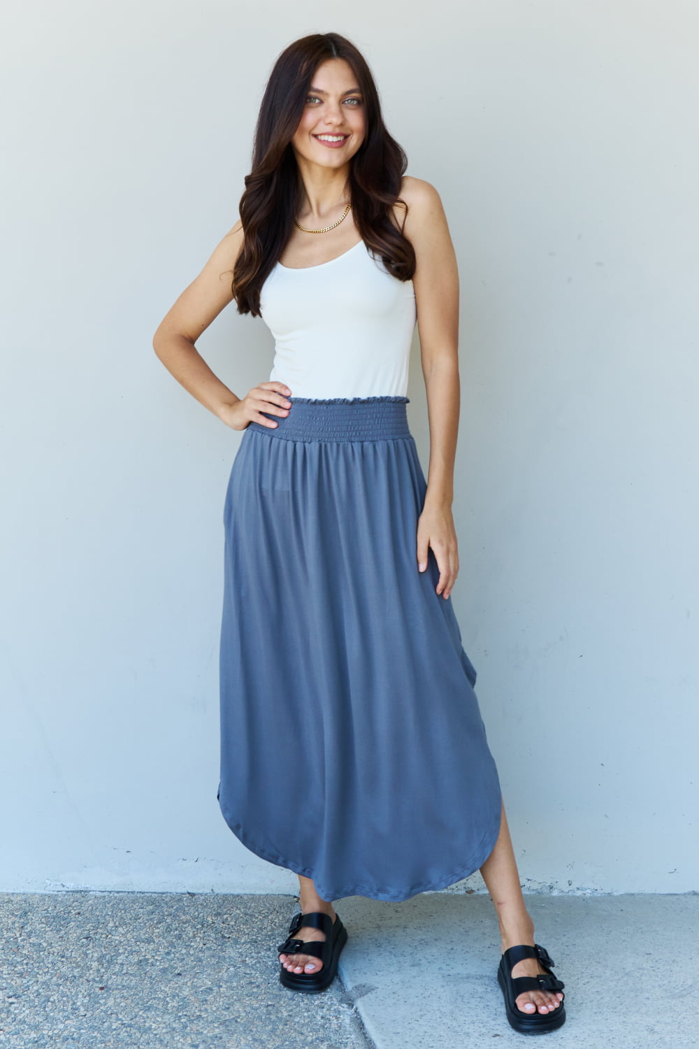 Get trendy with Doublju Comfort Princess Full Size High Waist Scoop Hem Maxi Skirt in Dusty Blue -  available at Styles Code. Grab yours today!