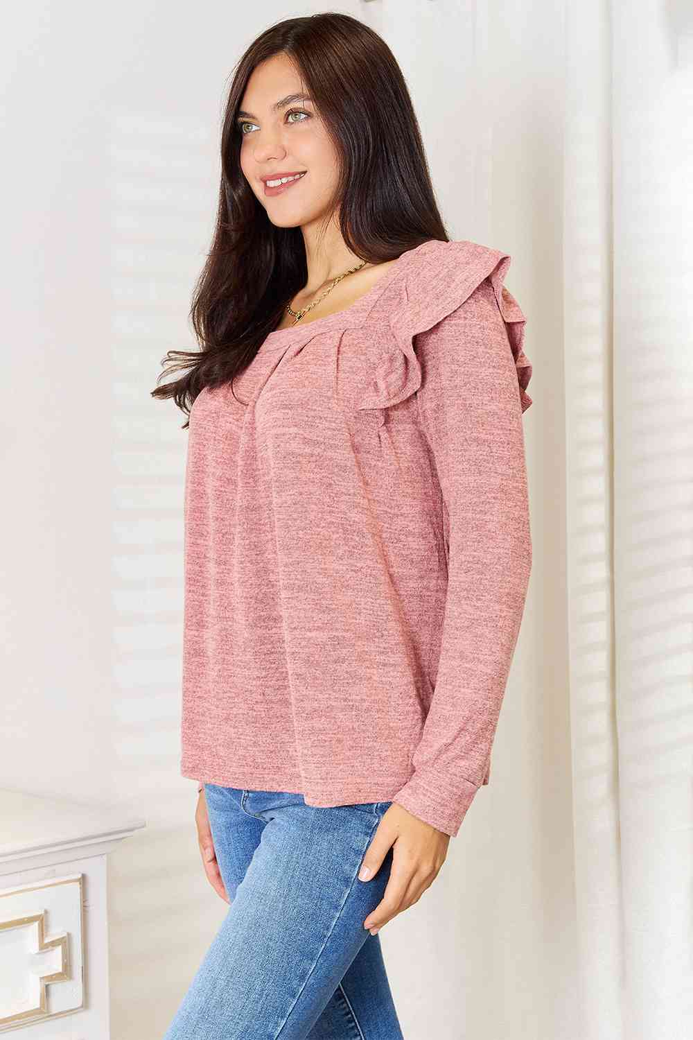 Get trendy with Square Neck Ruffle Shoulder T-Shirt - T-Shirt available at Styles Code. Grab yours today!