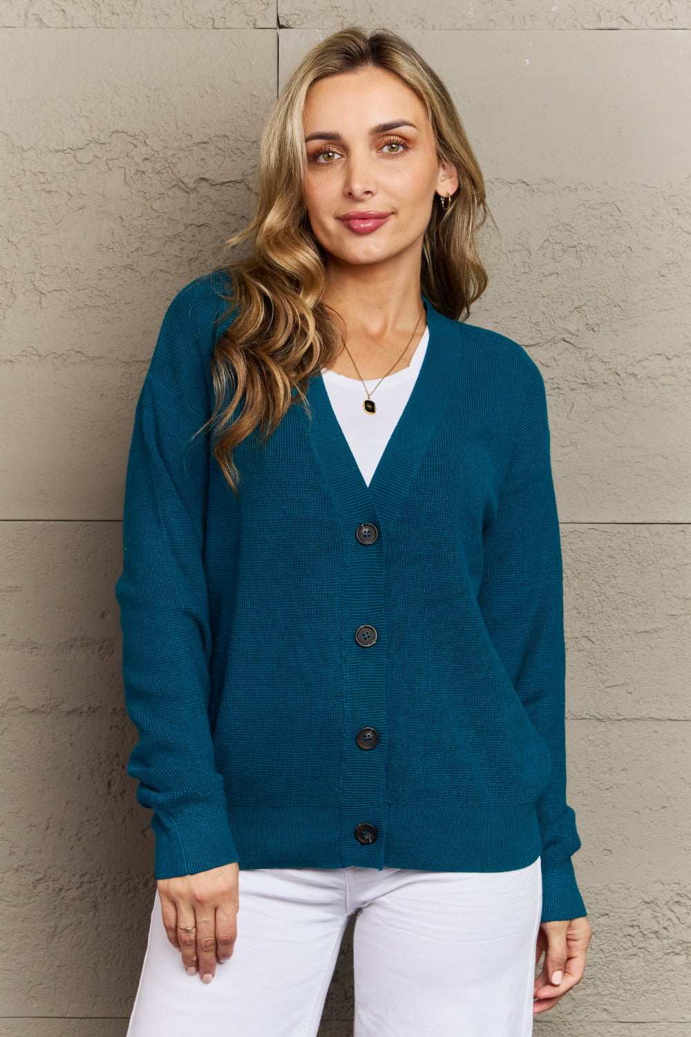 Get trendy with Zenana Kiss Me Tonight Full Size Button Down Cardigan in Teal - Luxe available at Styles Code. Grab yours today!