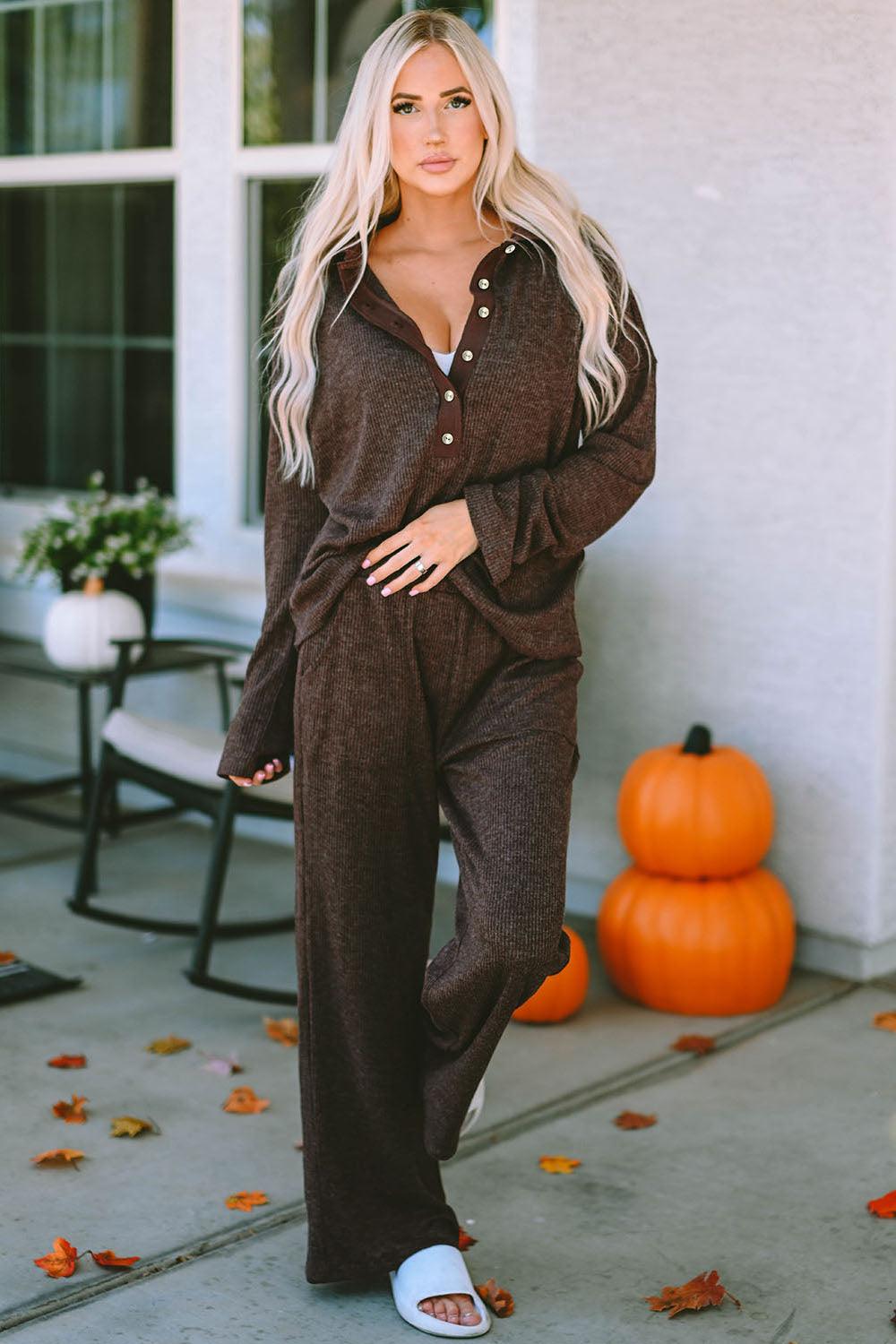 Get trendy with Buttoned Long Sleeve Top and Long Pants Lounge Set - Two Piece Sets available at Styles Code. Grab yours today!