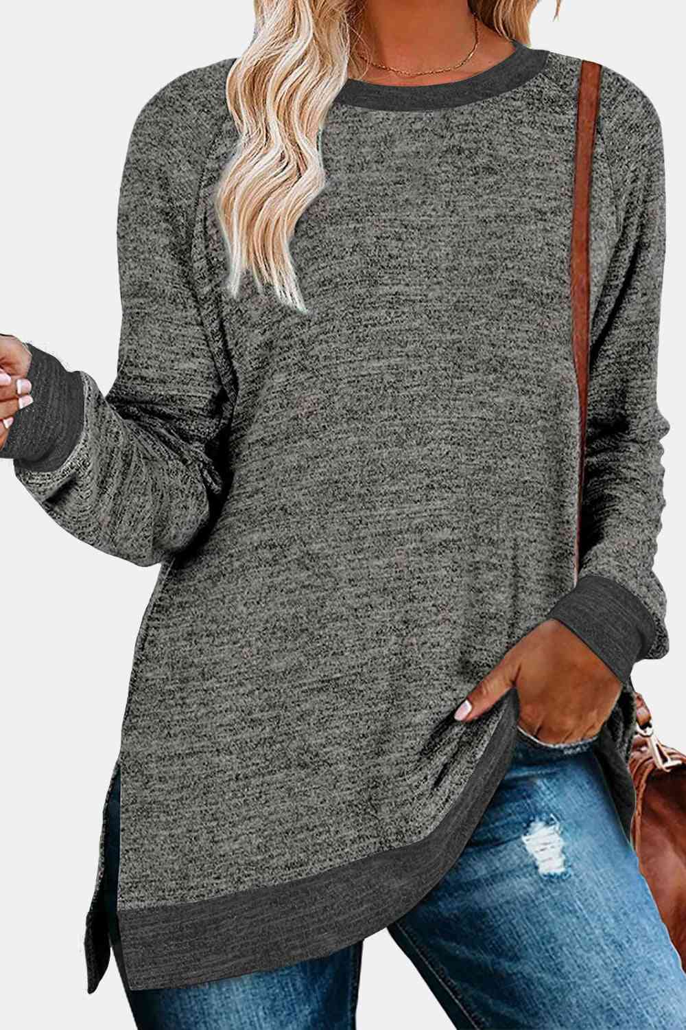 Get trendy with Round Neck Long Sleeve Slit T-Shirt - Shirt available at Styles Code. Grab yours today!