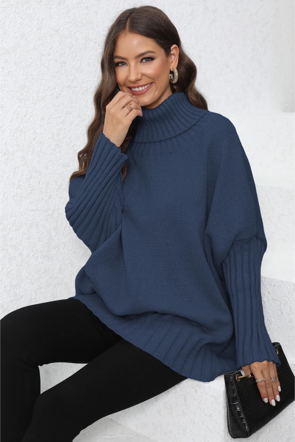 Get trendy with Turtle Neck Long Sleeve Ribbed Sweater - Sweater available at Styles Code. Grab yours today!