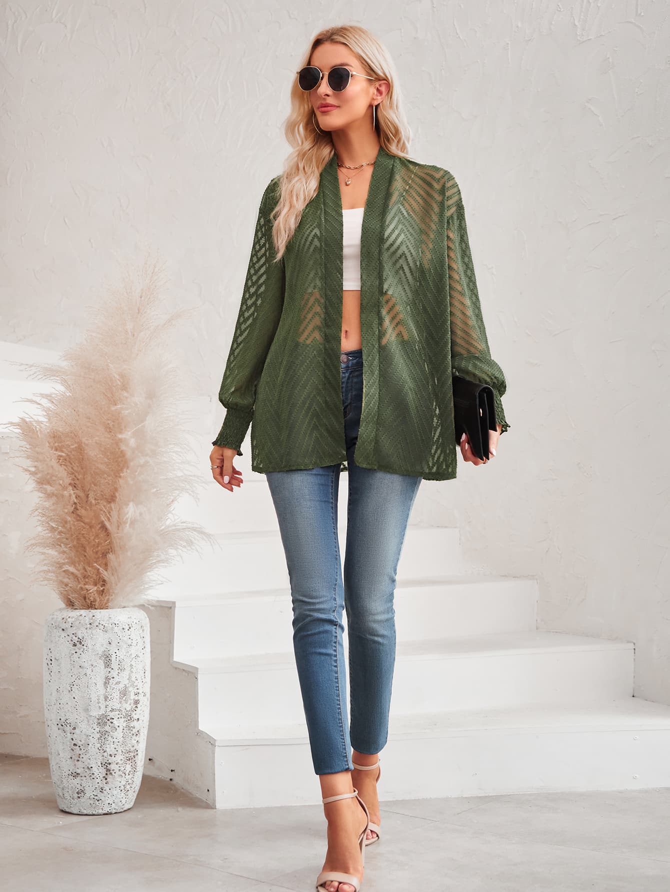 Get trendy with Lantern Sleeve Open Front Sheer Cardigan - Coats available at Styles Code. Grab yours today!