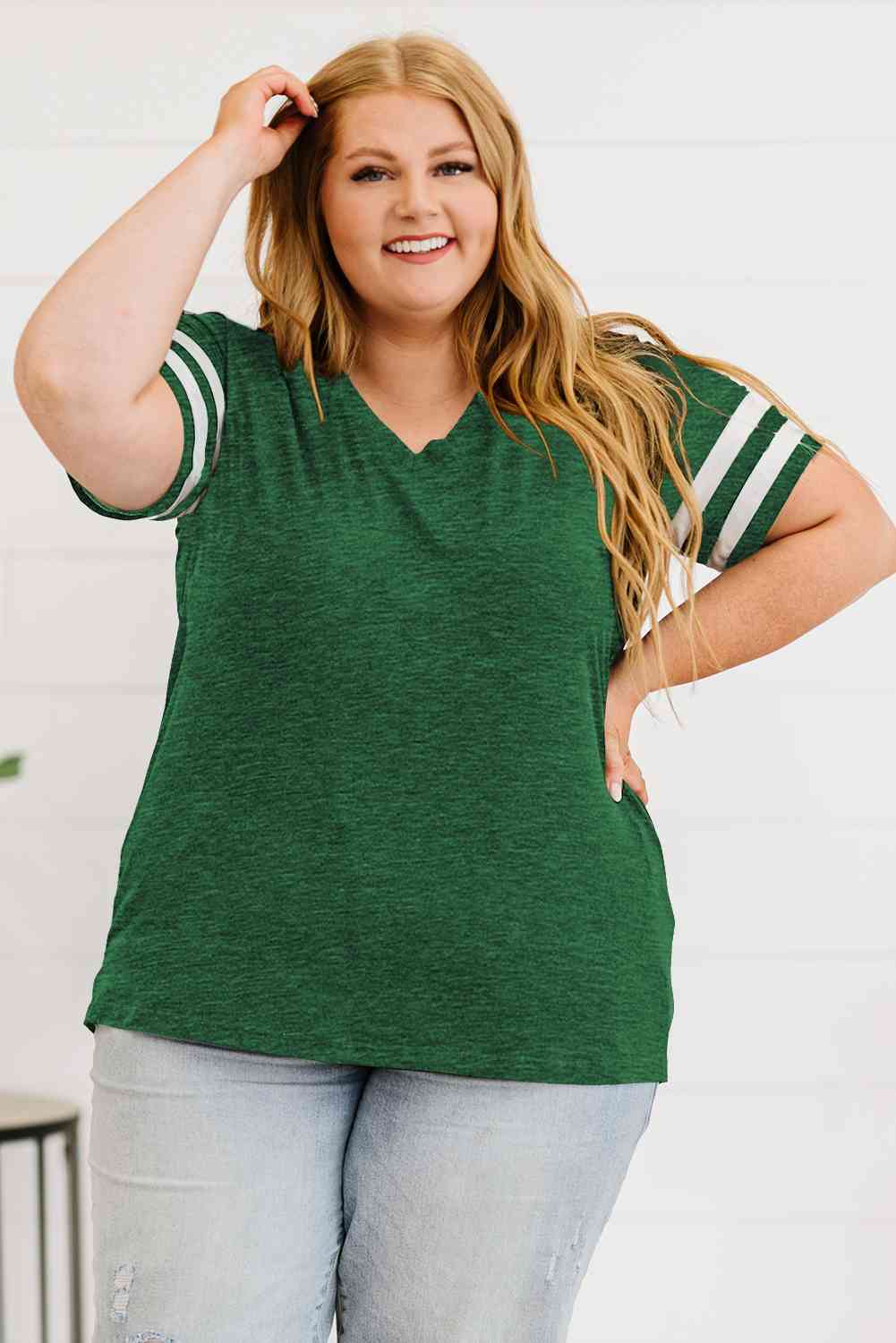 Get trendy with Plus Size Striped V-Neck Tee Shirt - T-Shirt available at Styles Code. Grab yours today!