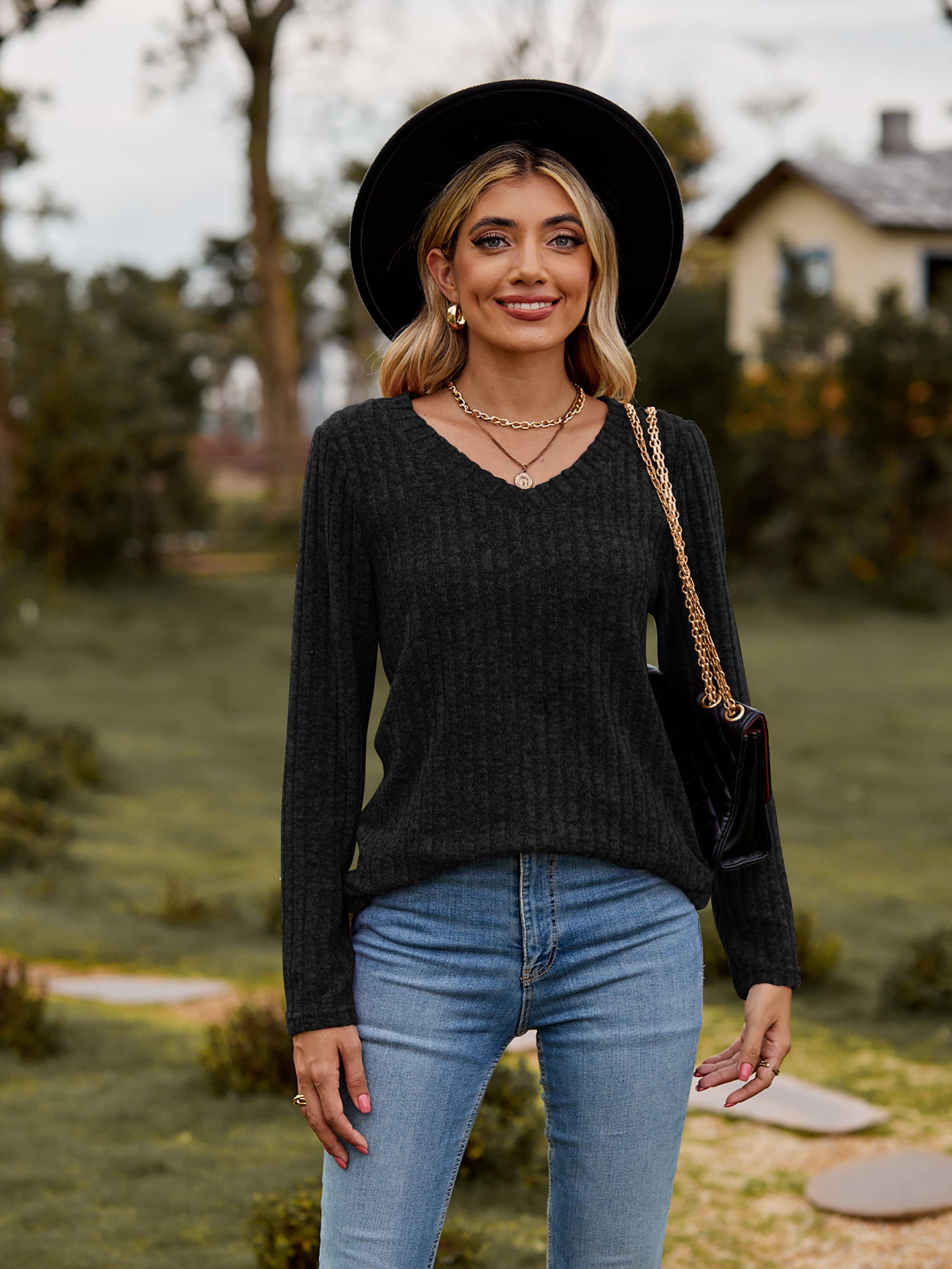 Get trendy with Ribbed V-Neck Long Sleeve Tee - Tops available at Styles Code. Grab yours today!