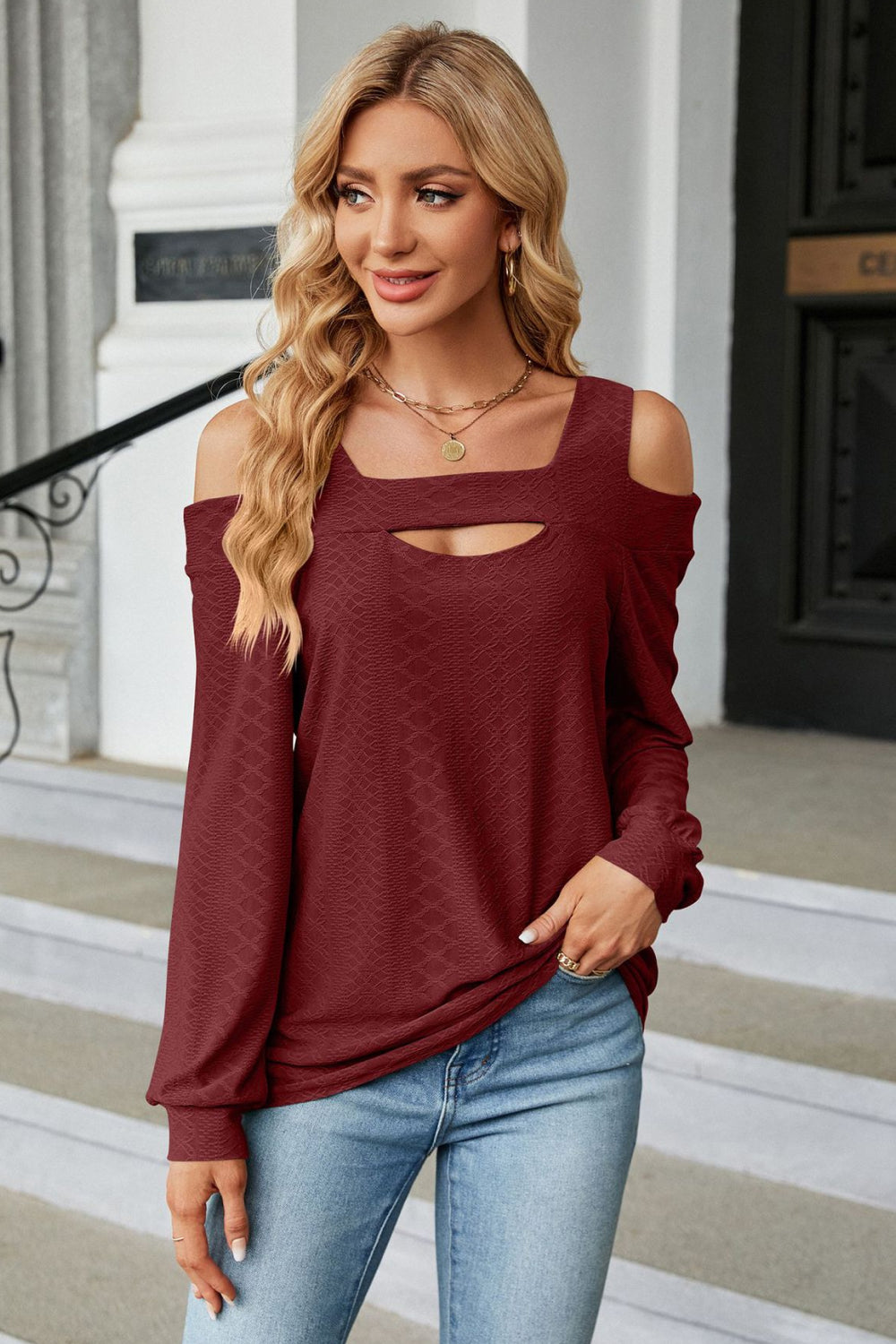 Get trendy with Cold Shoulder Square Neck Cutout Blouse - Tops available at Styles Code. Grab yours today!