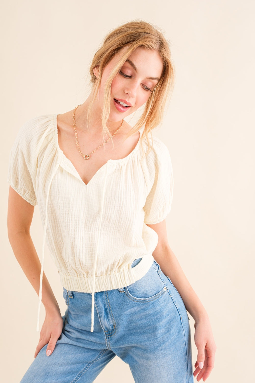 Get trendy with And The Why Back Waist Tie Cropped Blouse - Blouse available at Styles Code. Grab yours today!