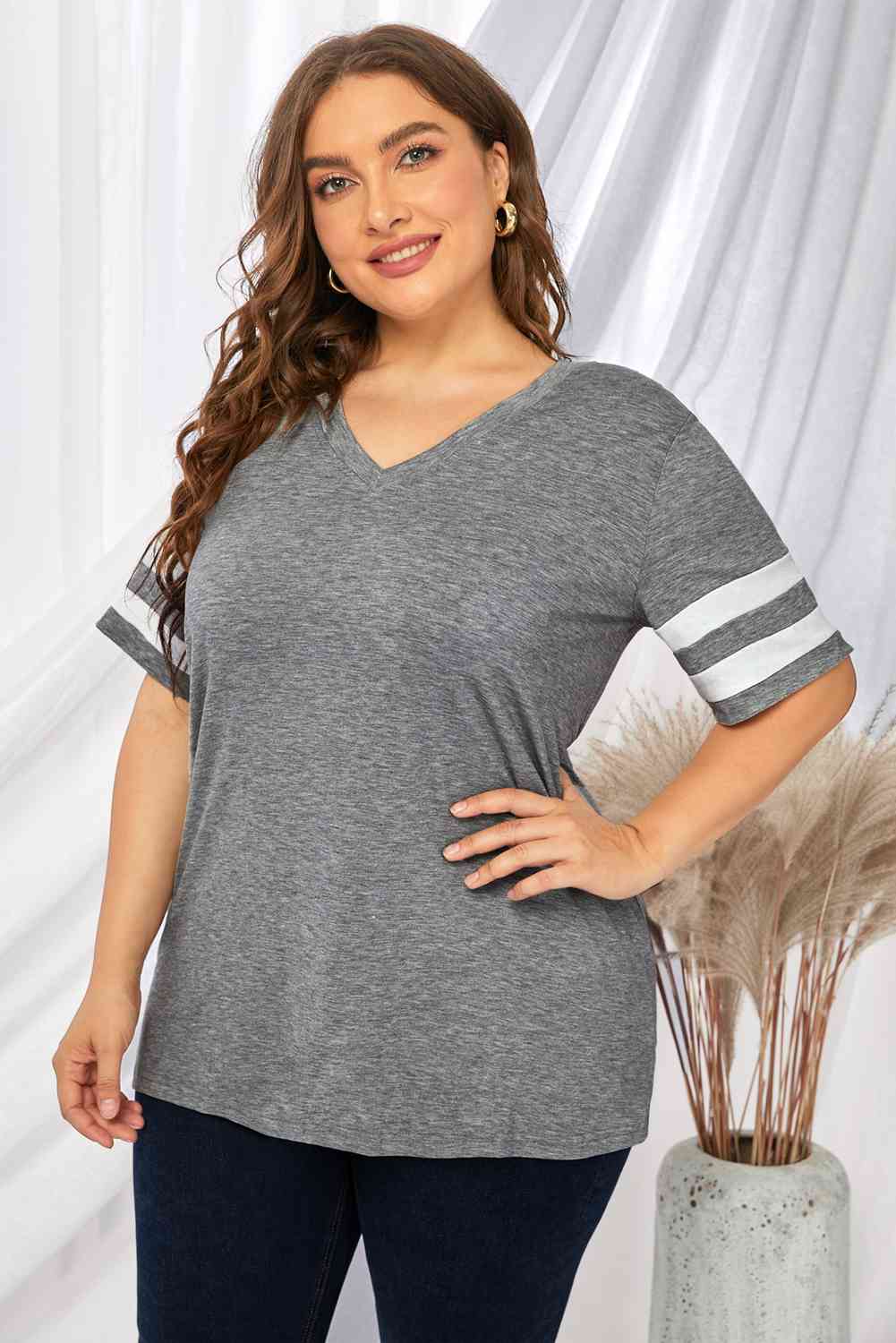 Get trendy with Plus Size Striped V-Neck Tee Shirt - T-Shirt available at Styles Code. Grab yours today!