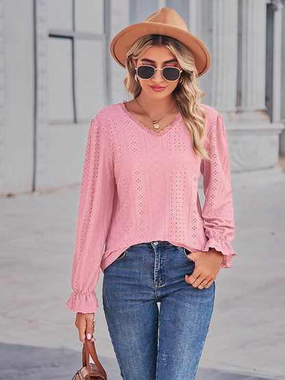 Get trendy with Eyelet V-Neck Flounce Sleeve Blouse - Tops available at Styles Code. Grab yours today!