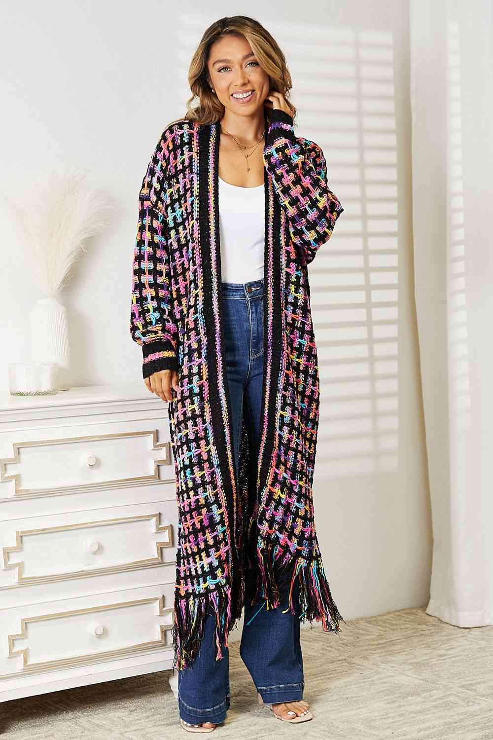 Get trendy with Double Take Full Size Multicolored Open Front Fringe Hem Cardigan - Cardigan available at Styles Code. Grab yours today!