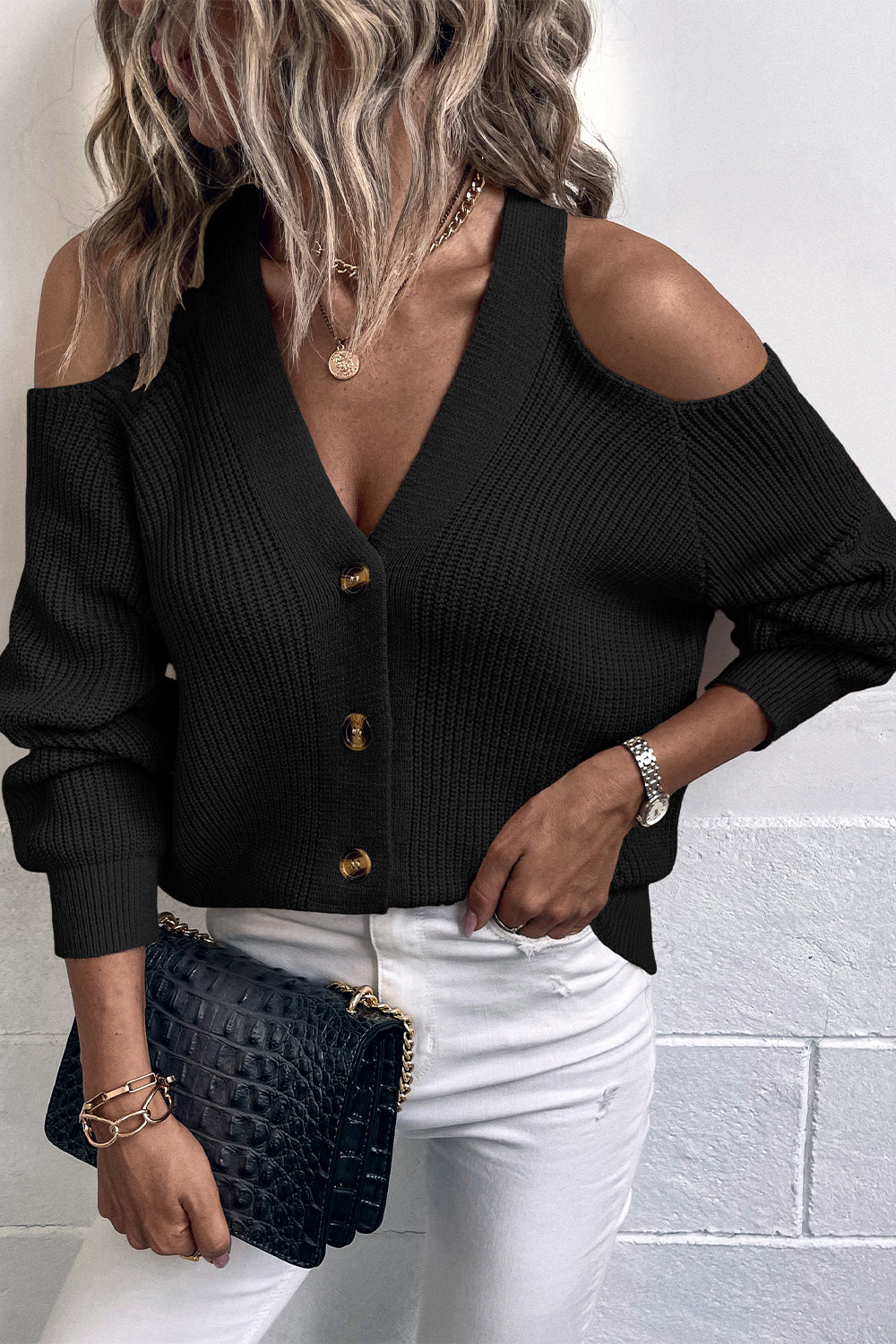 Get trendy with Cold Shoulder Plunge Neck Ribbed Cardigan - Cardigan available at Styles Code. Grab yours today!