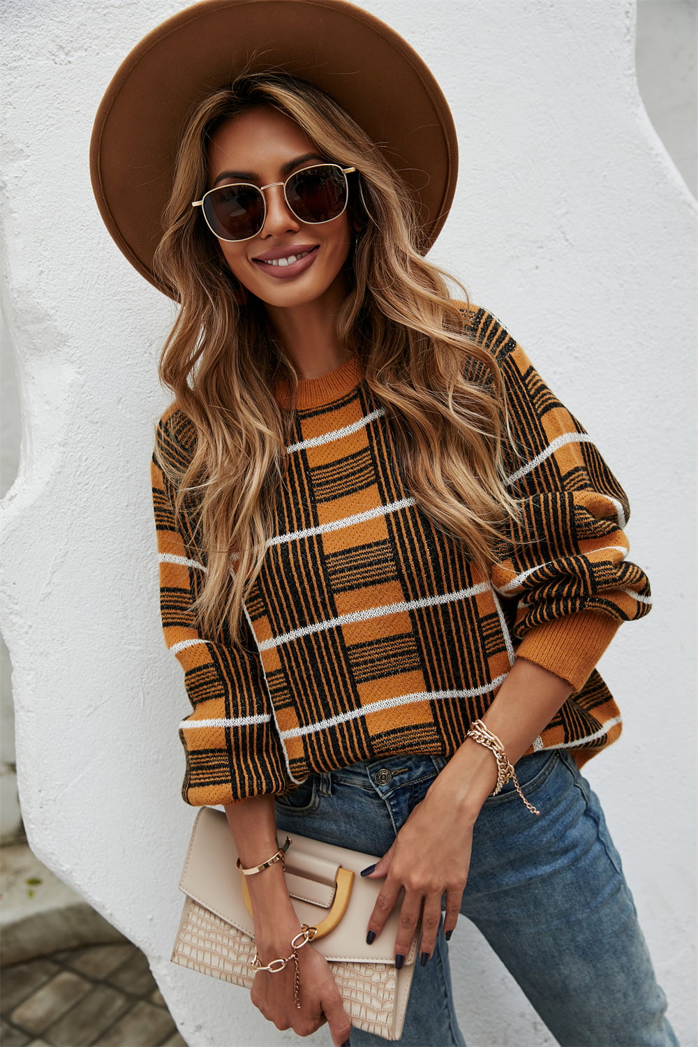 Get trendy with Printed Round Neck Dropped Shoulder Sweater - Sweater available at Styles Code. Grab yours today!