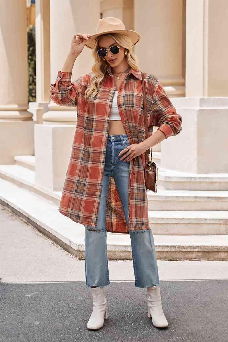 Get trendy with Plaid Collared Neck Long Sleeve Coat - Shirt available at Styles Code. Grab yours today!