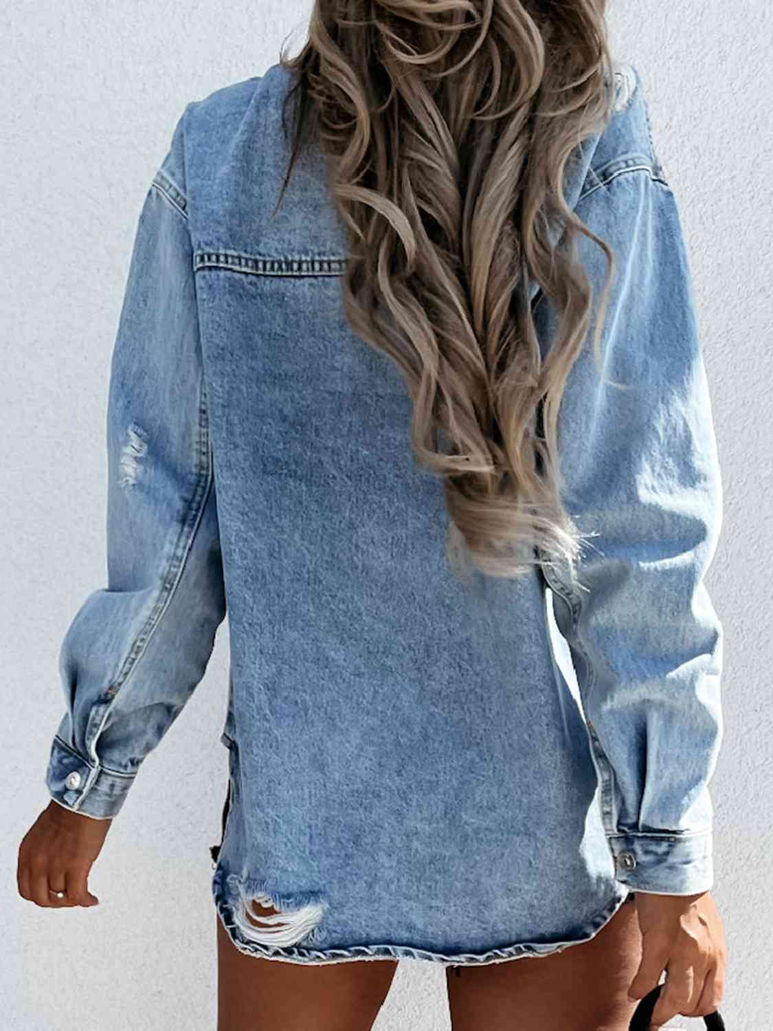 Get trendy with Distressed Snap Down Denim Jacket - Jacket available at Styles Code. Grab yours today!