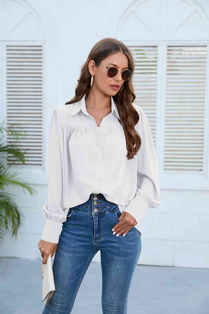 Get trendy with Puff Sleeve Collared Neck Shirt - Shirt available at Styles Code. Grab yours today!