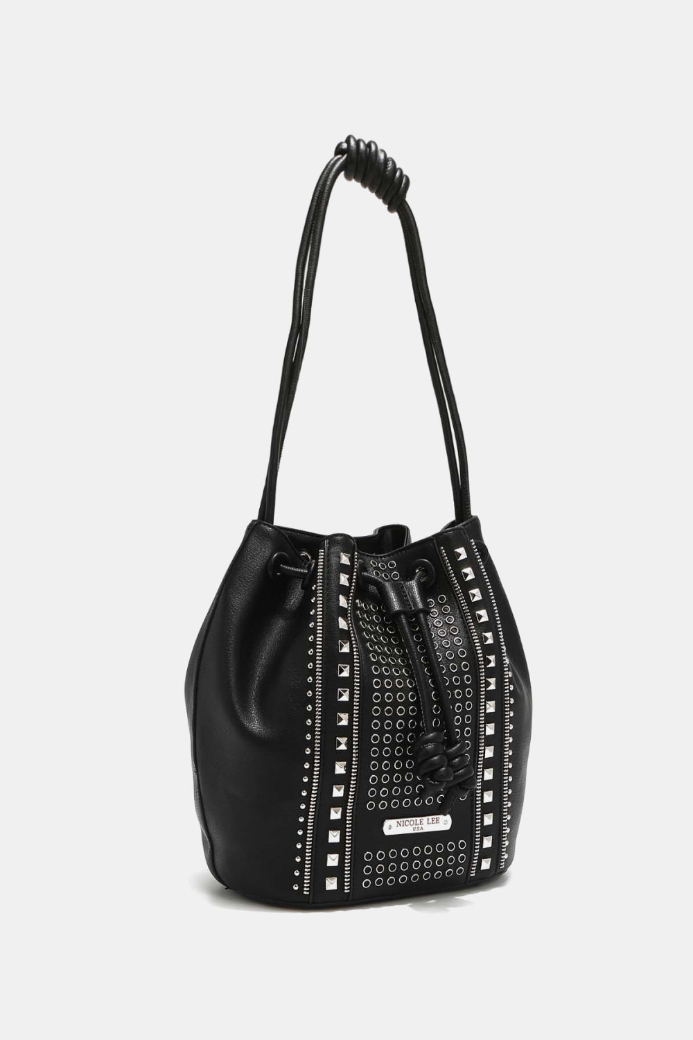 Get trendy with Nicole Lee USA Amy Studded Bucket Bag - Bags available at Styles Code. Grab yours today!