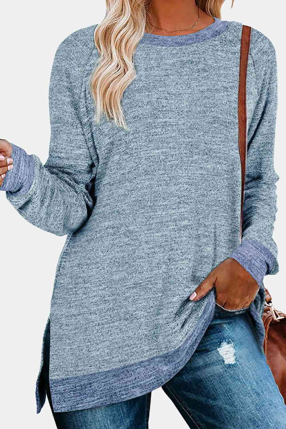 Get trendy with Round Neck Long Sleeve Slit T-Shirt - Shirt available at Styles Code. Grab yours today!