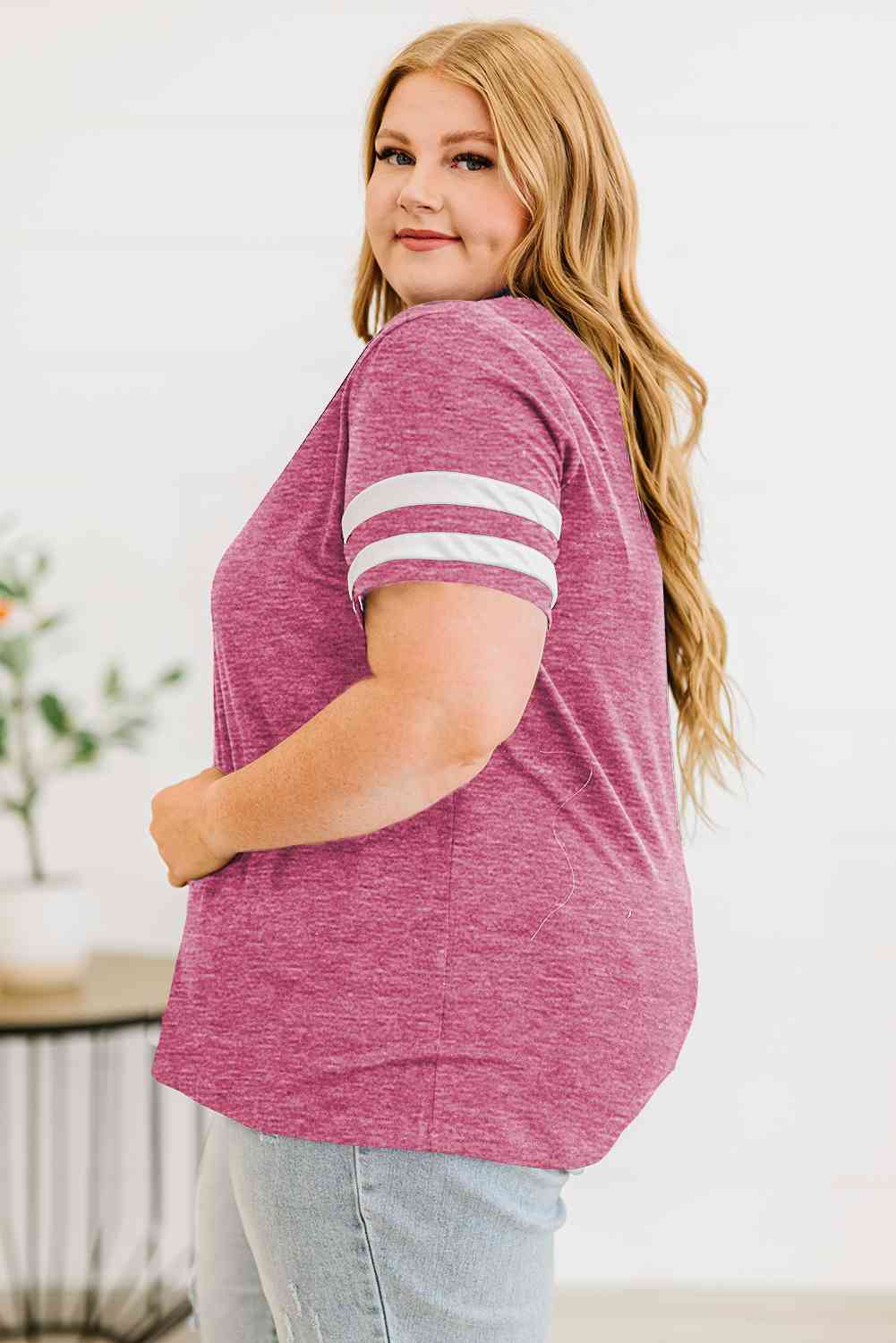 Get trendy with Plus Size Striped V-Neck Tee Shirt - T-Shirt available at Styles Code. Grab yours today!