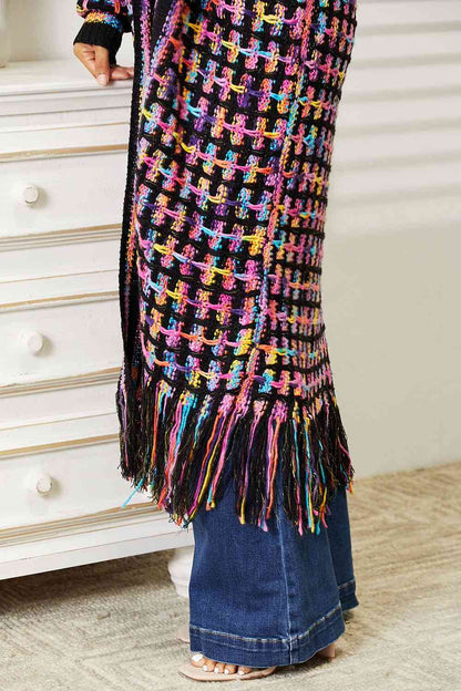 Get trendy with Double Take Full Size Multicolored Open Front Fringe Hem Cardigan - Cardigan available at Styles Code. Grab yours today!