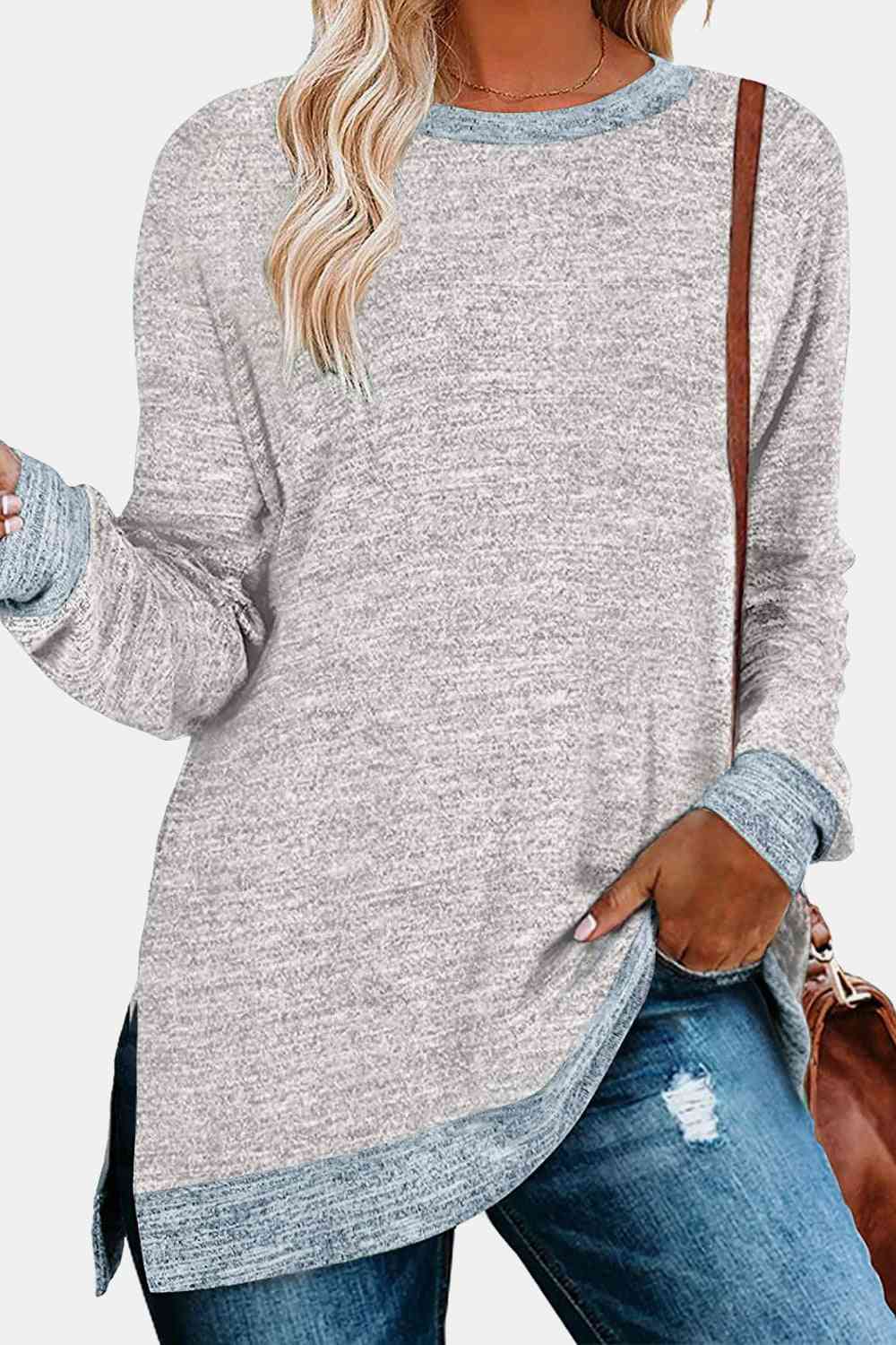 Get trendy with Round Neck Long Sleeve Slit T-Shirt - Shirt available at Styles Code. Grab yours today!