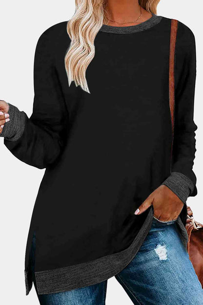 Get trendy with Round Neck Long Sleeve Slit T-Shirt - Shirt available at Styles Code. Grab yours today!